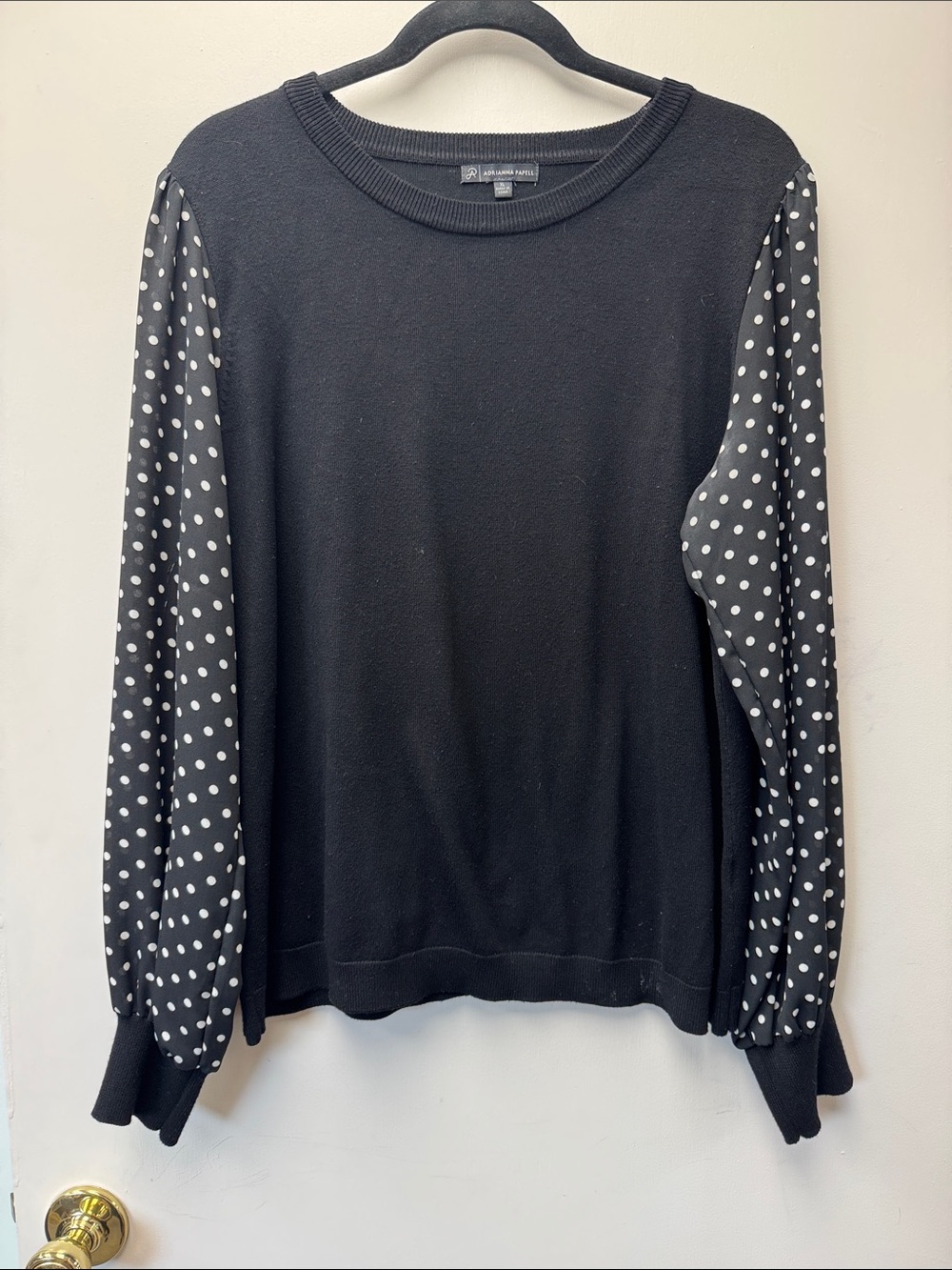 Adrianna Papell Black Sweater with White Polka Dot Balloon Sleeves